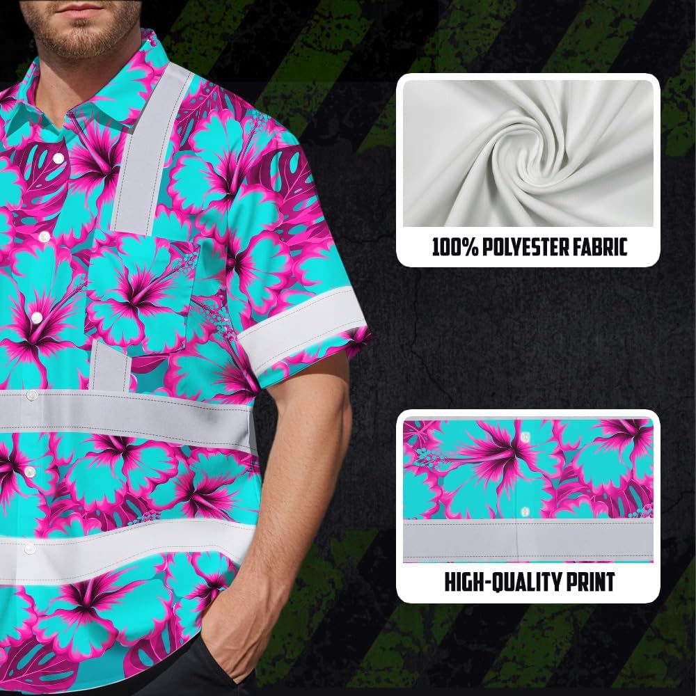 High Visibility Hawaiian Shirt for Men Tropical Shirts Custom Name Floral Outfit Reflective Safety Workwear