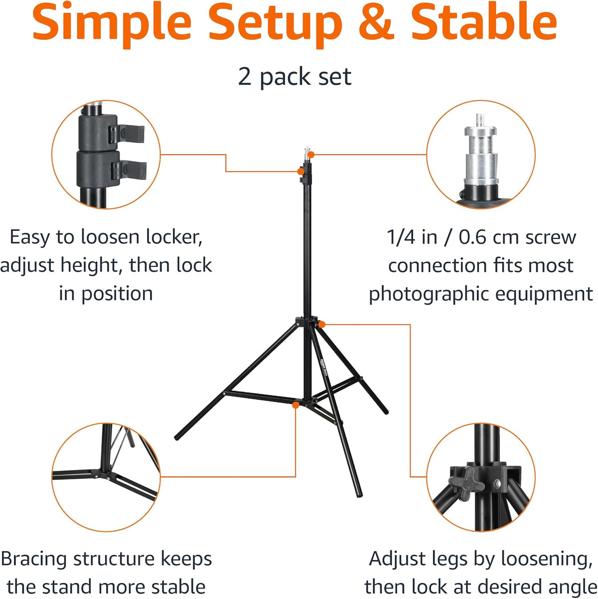 Amazon Basics Portable Aluminum Photography Light Stand Tripod with Case, Adjustable 2.8-6.7 Feet, Pack of 2, Black