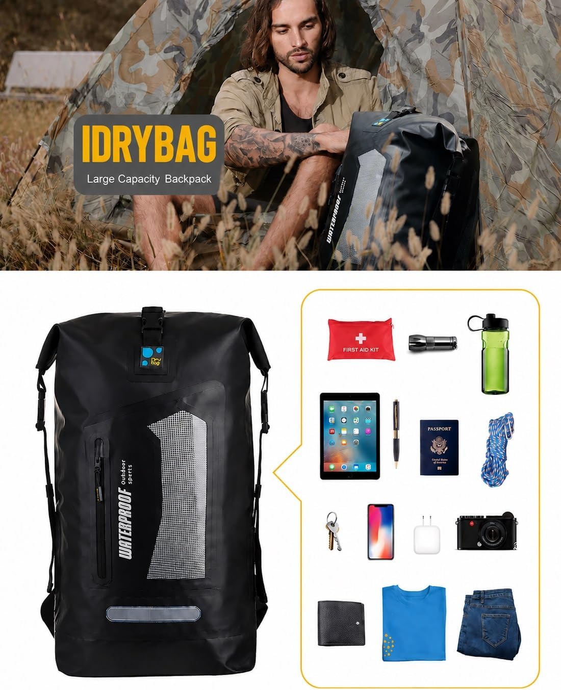 IDRYBAG Waterproof Backpack for Men 20L/30L/40L, Floating Dry Bag Kayak, Dry Backpack Hiking