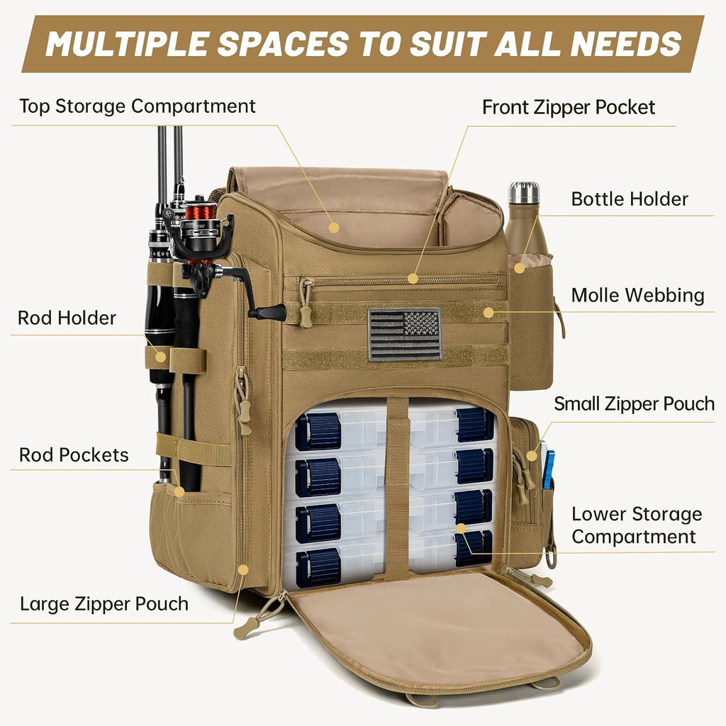 40L Tackle Fishing Backpack with 2 Rod Holders, Fits 4 3600 Trays