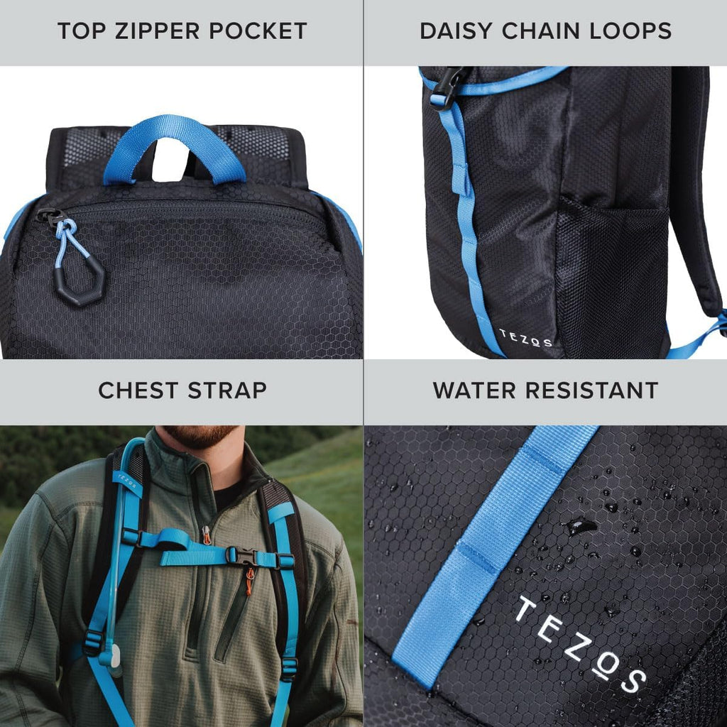 Tezos Juniper Daypack, Lightweight Hiking Backpack and Hydration Pack for Camping, Travel, Biking, and the Outdoors, 16 Liter (Blue Storm)