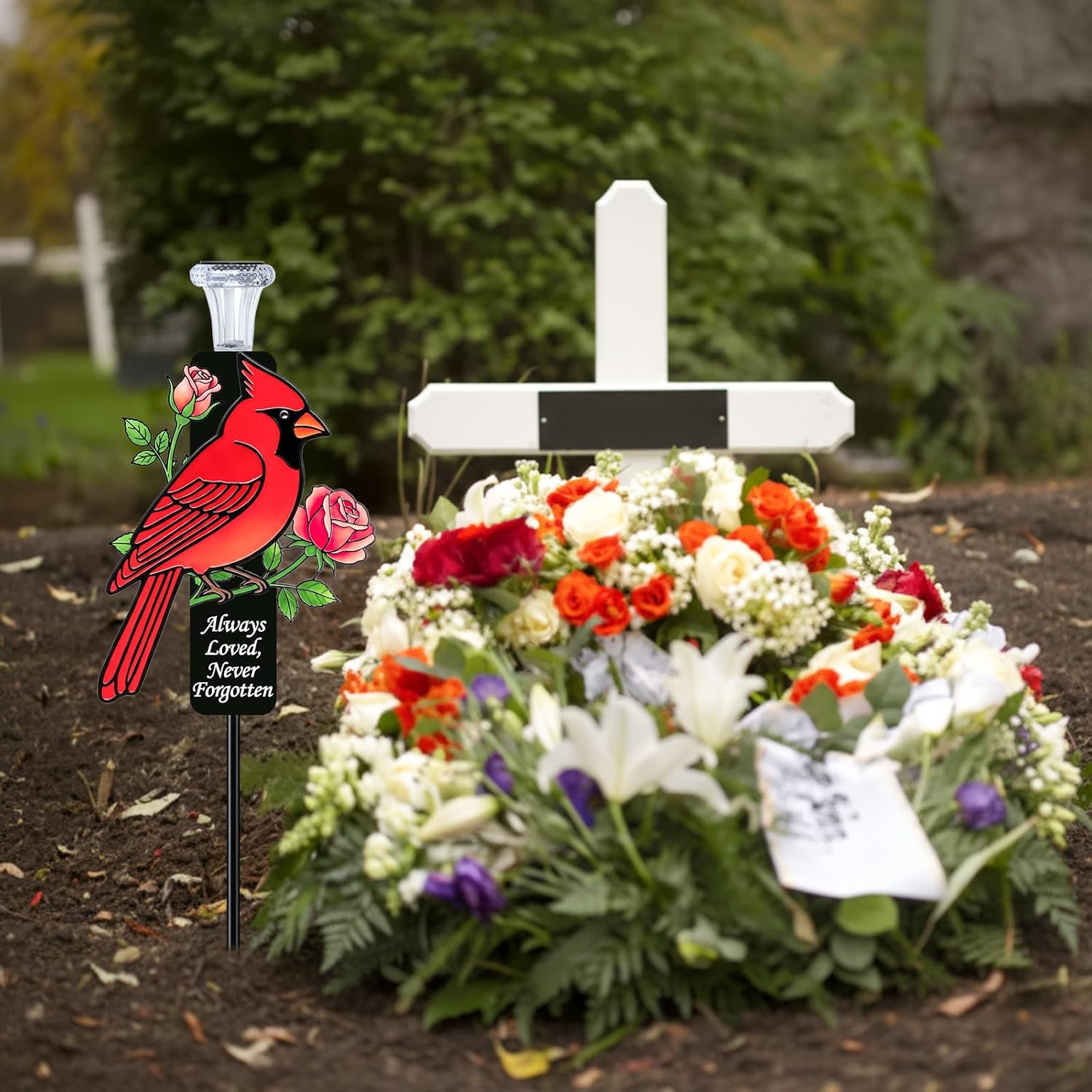 Solar Cardinal Memorial Stakes for Graves - Metal Cemetery Decorations with LED Light, Sympathy Gift for Loss of Father Dad, Mom, Grandma, Garden Grave Markers