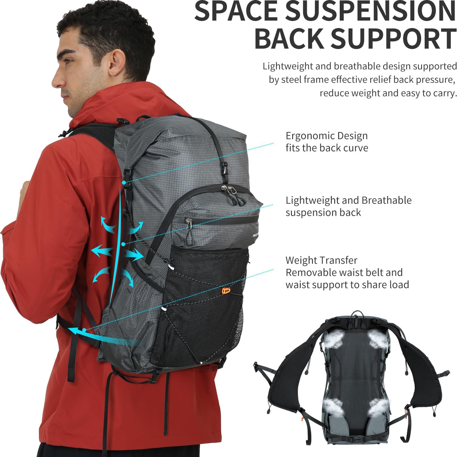 IX INOXTO Hiking Backpack for Men and Women, 30L Waterproof Camping Backpack with 3L Water Bladder and Rain Cover, Lightweight Outdoor Sport Travel Daypack Rucksack for Climbing Cycling (Dark gray)