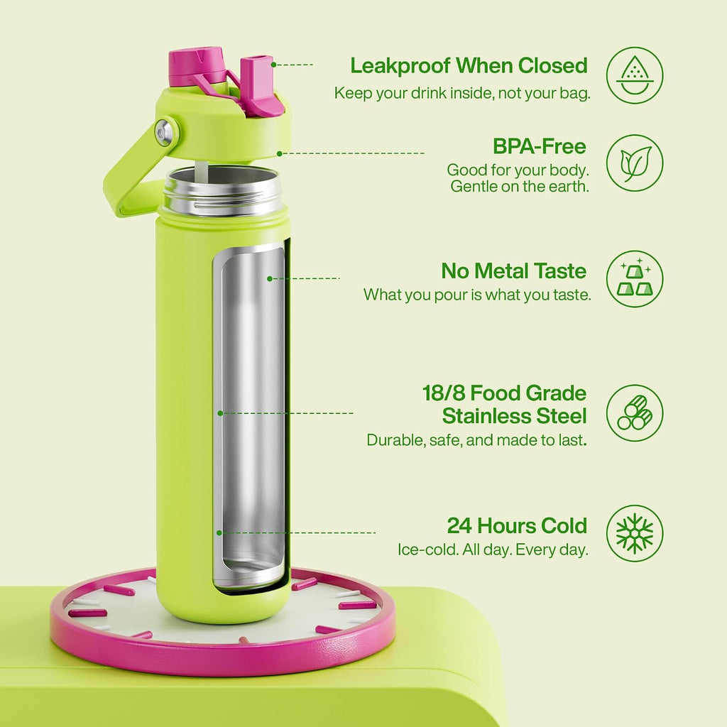 ENCOOL Insulated Water Bottle with Straw Stainless Steel Water Bottle, Leak-Proof, BPA-Free, Double Wall Vacuum Keeps Cold for 24 Hours for Sports, Travel, School (26 oz, Acid Green)