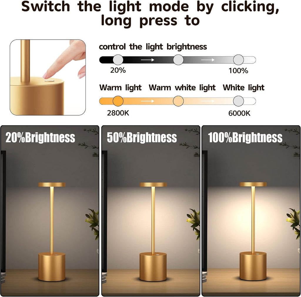 2Pack Cordless Table Lamp, Rechargeable LED Battery 5000mAh Metal USB Portable Powered Desk Lamp, 3 Levels Brightness Light for Restaurants Outdoor (2pack 10.25in Gold)