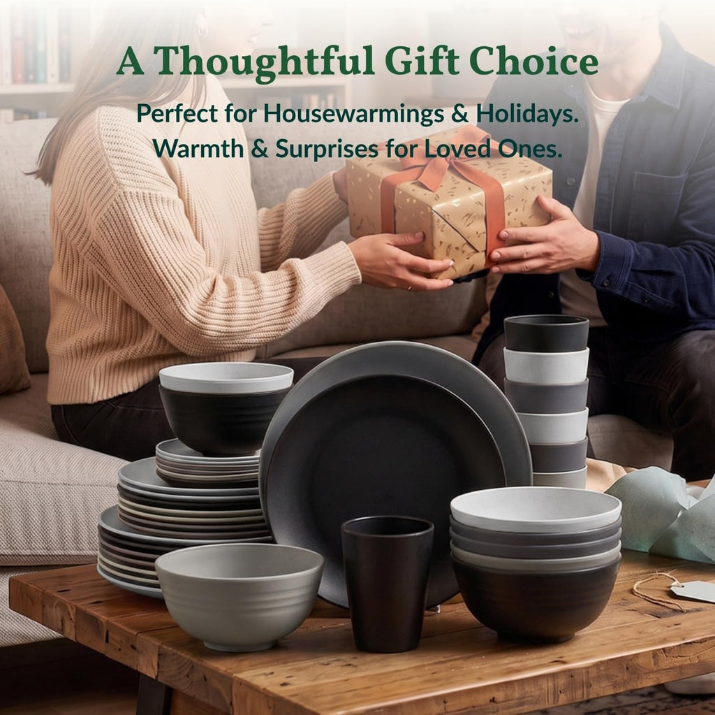 Homienly 40 PCS Kitchen Plates and Bowls Sets for 8 Wheat Straw Dinnerware Sets Microwave and Dishwasher Safe Camping Dish Set Plate Set, Kids, Reusable, Unbreakable, Lightweight-BlackGrey