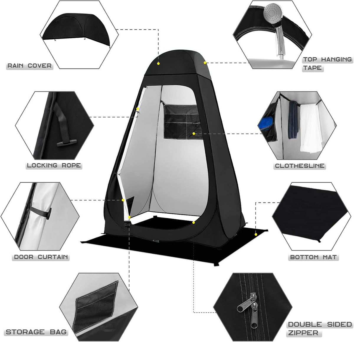 BRIAN & DANY Pop Up Shower Tent, Portable Changing Tent with Rain Shelter & Windows, Privacy Tent for Camping, Toilet or Bathroom, UPF 50+ & Waterproof, 47.2" x 47.2" x 74.8", Black