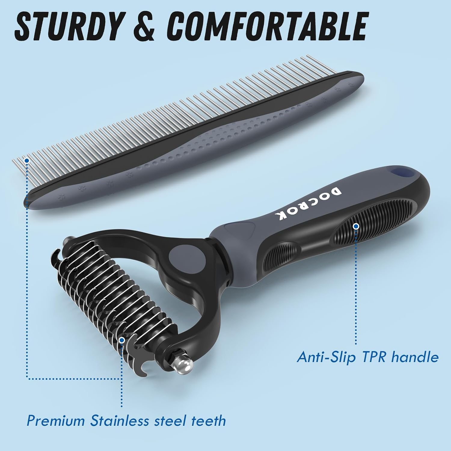Docrok Pet Grooming Brush and Metal Comb Combo for Dogs & Cats, Gray
