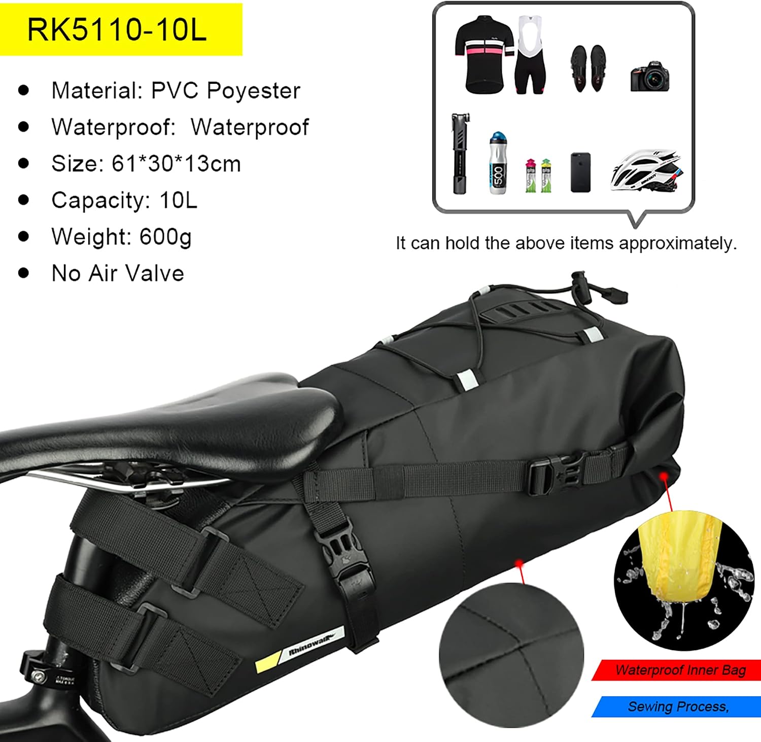 Bike Saddle Bag Waterproof Bike Seat Bag Expandable Capacity Cycling Under Seat Pouch for Mountain Road Biking and Commuting Trips 10L