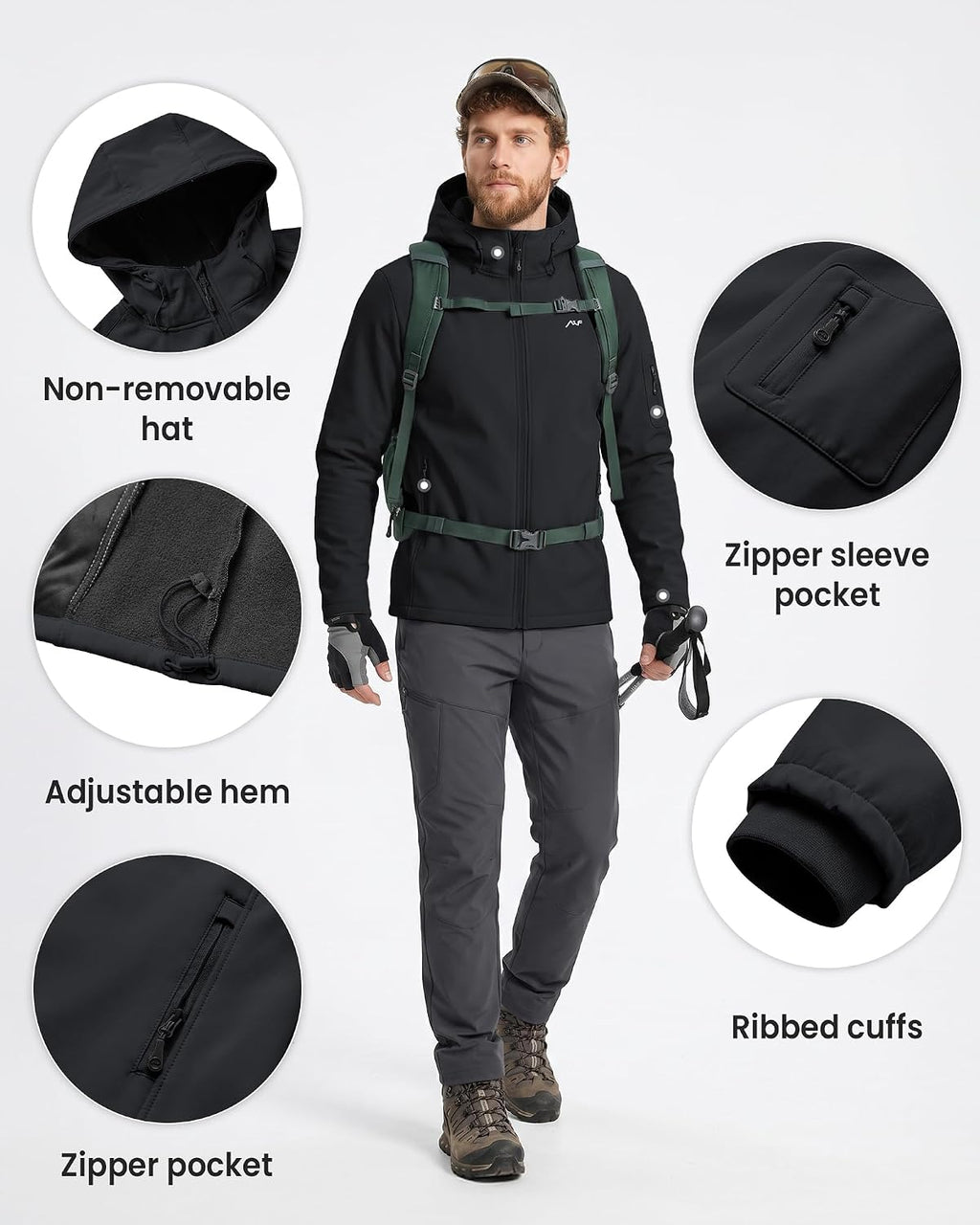 WULFUL Men's Lightweight Softshell Jacket Warm Fleece Lined Windbreaker Waterproof Soft Shell for Outdoor Hiking