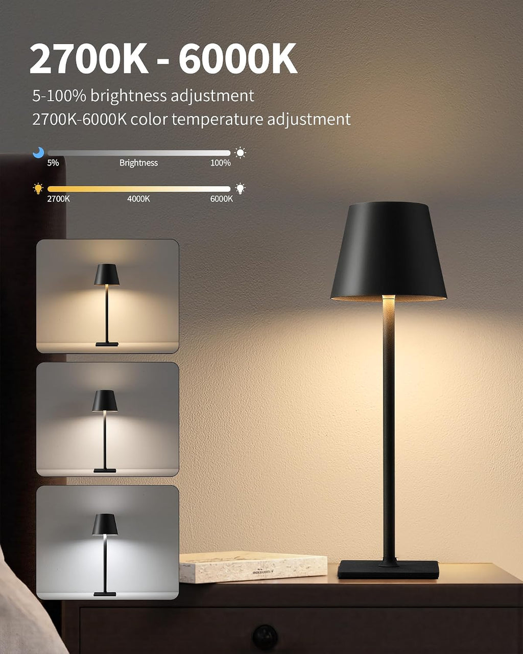KDG Cordless Black Table Lamp, Portable Desk Lamp, 5000mAh Battery Operated