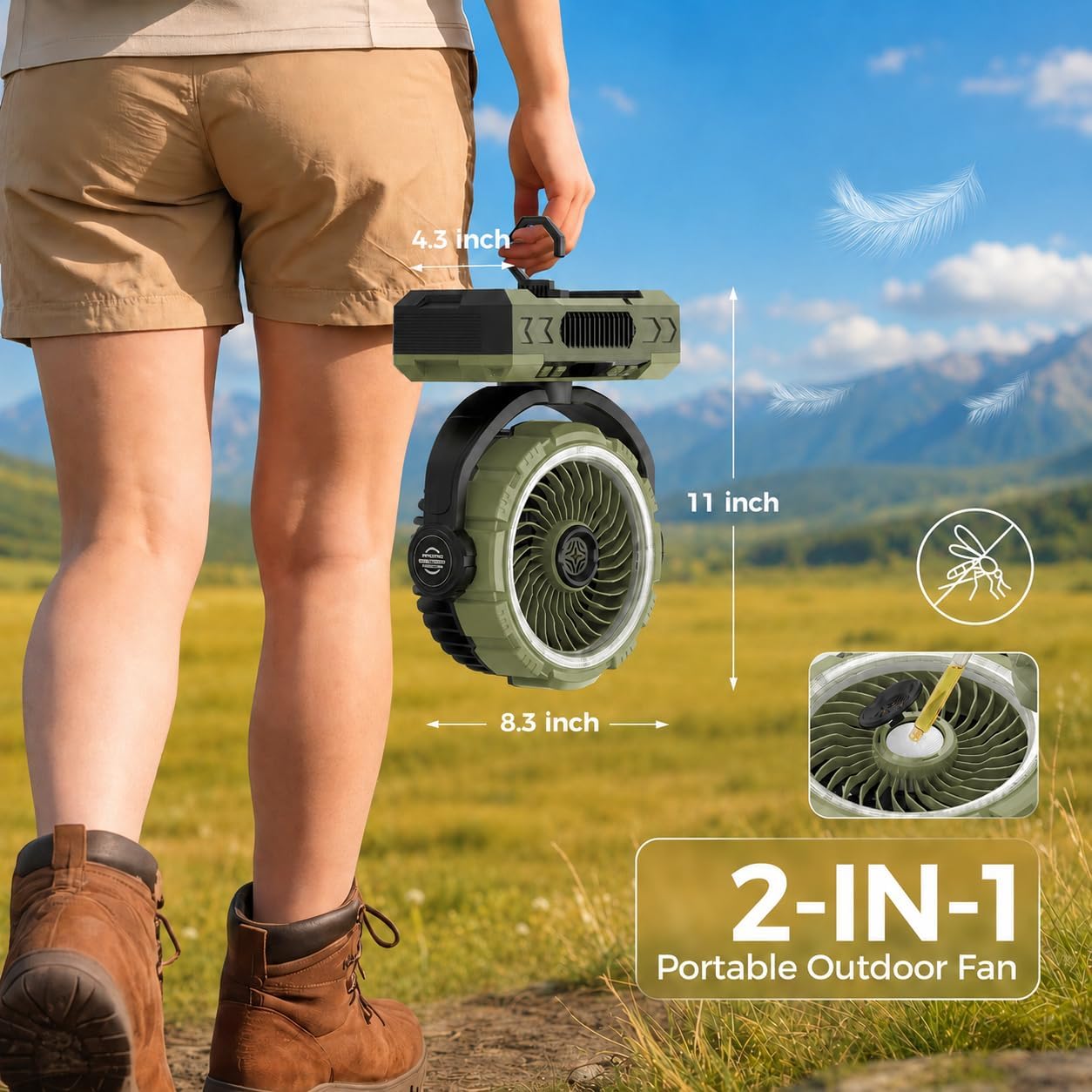 9-Inch Rechargeable Camping Fan 【Auto-Oscillating, Max 60H】20000mAh Portable Battery Powered Operated Fan,Light,Timer,Hook,Outdoor Tent Fans for Patios,Beach,Fishing,Emergency,Camping Gear Essentials
