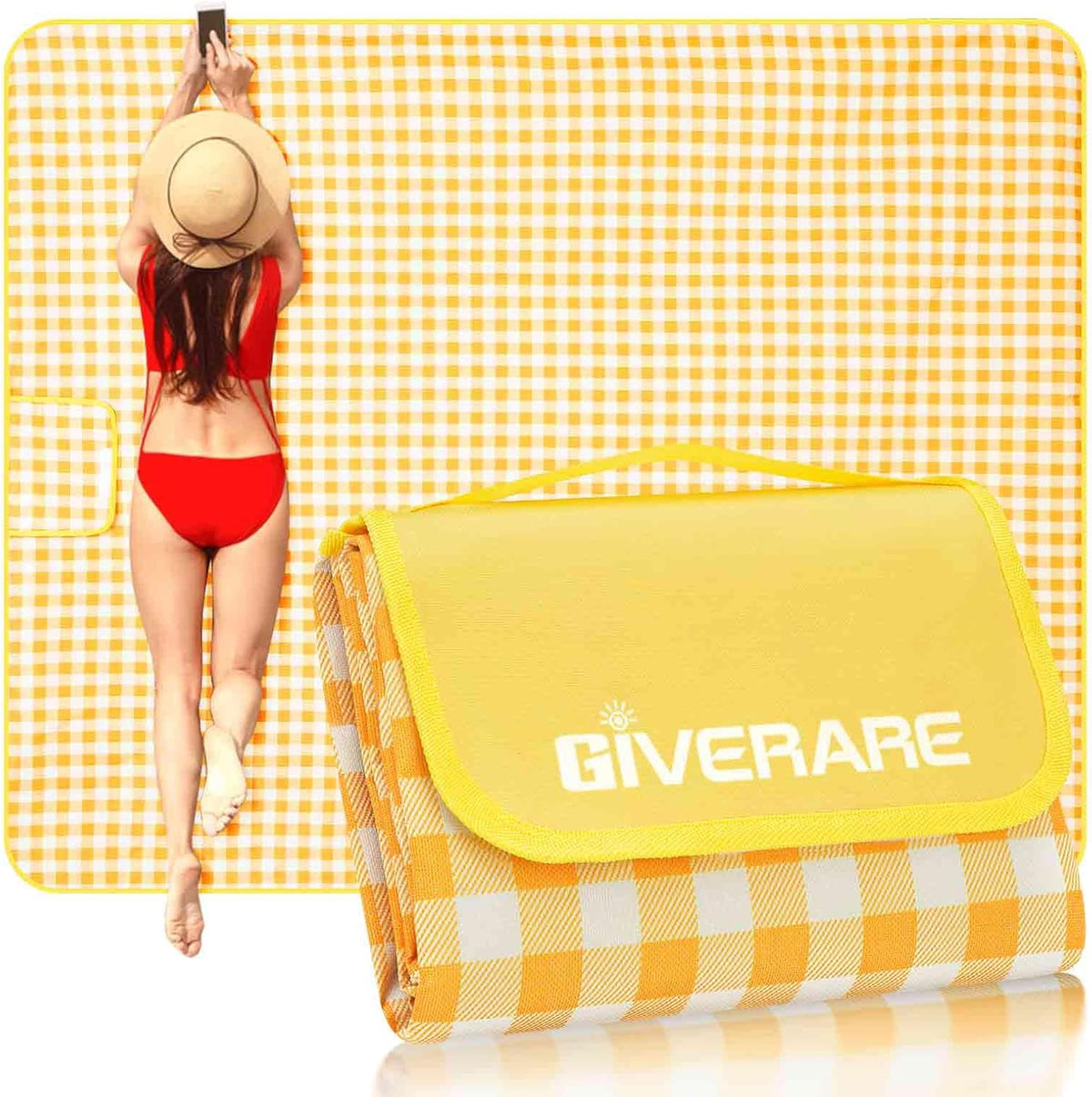 Picnic Beach Blanket Extra Large, XL Sandproof Waterproof Outdoor Camping Blankets 80x60in, Sand Free Oversized Mat, Quick Drying Portable Mats for Travel, Hiking, Music Festival, Lawn-Yellow