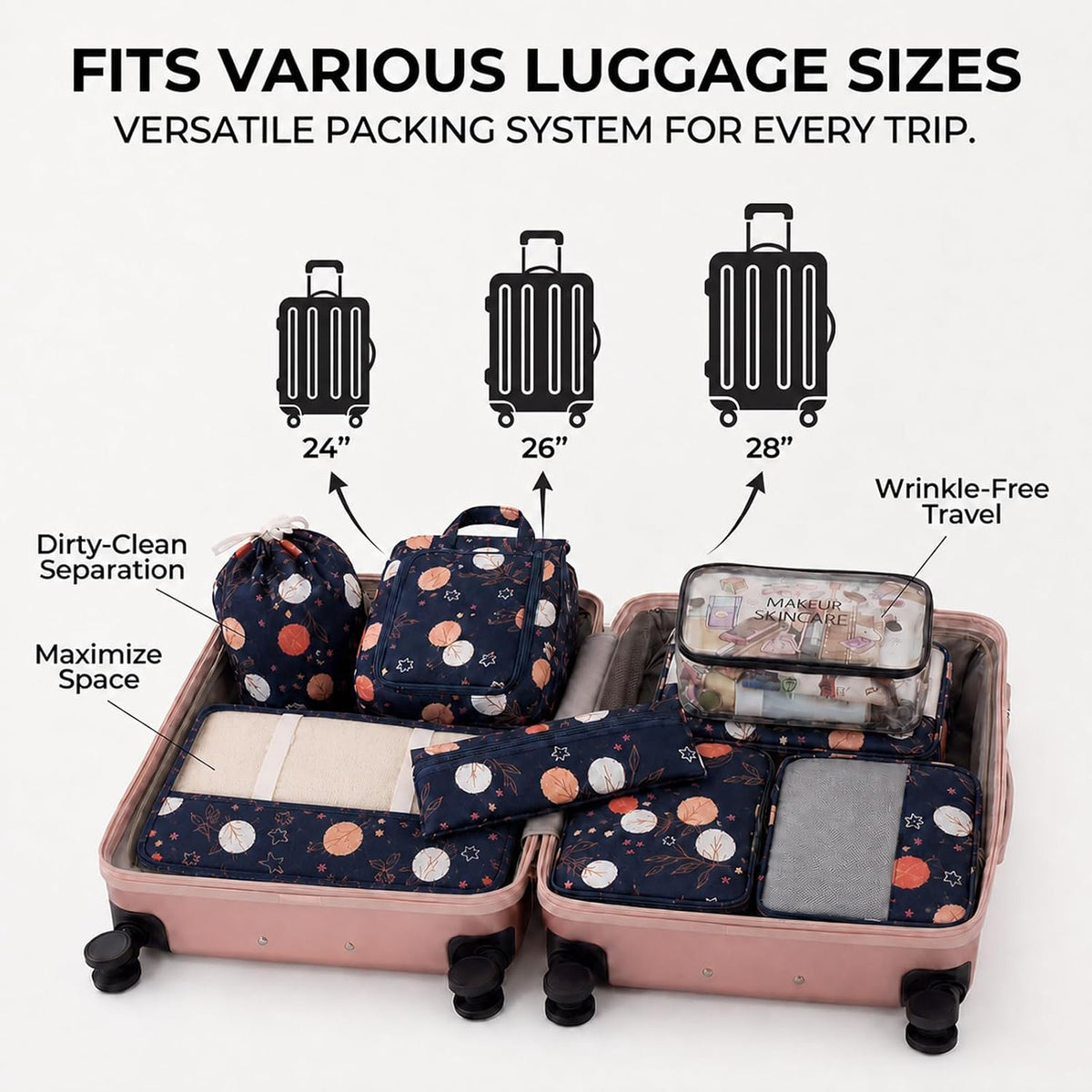 8 Set Packing Cubes for Travel, Durable Luggage Packing Organizers, Carry-On Accessories, TSA Approved See-Through Cubes, Space-Saving Storage Bags, Gifts for Women (Navy Maple Leaf)
