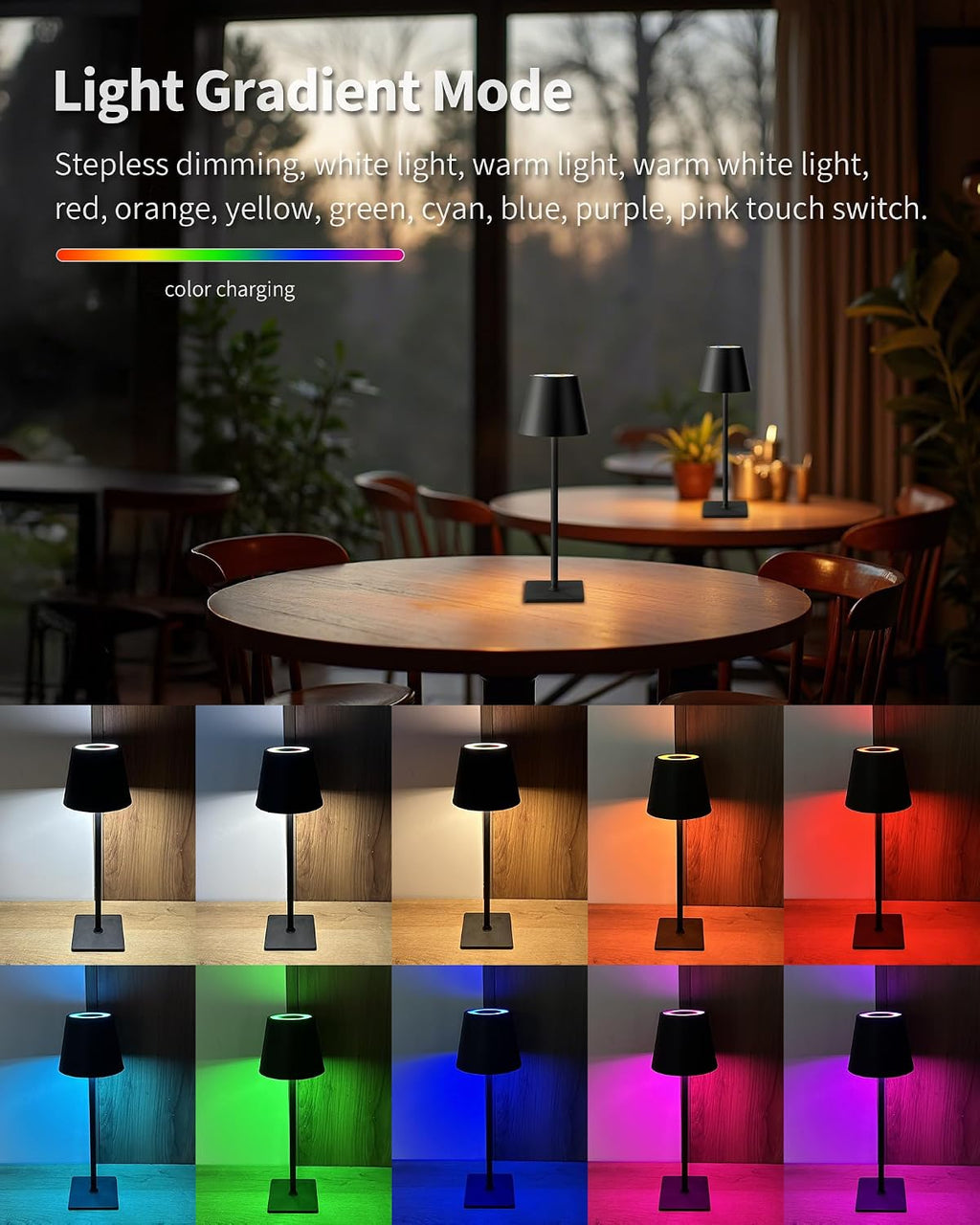 KDG 2 Pack Cordless Black Table Lamps, RGB Color Stepless Dimming Desk Lamp