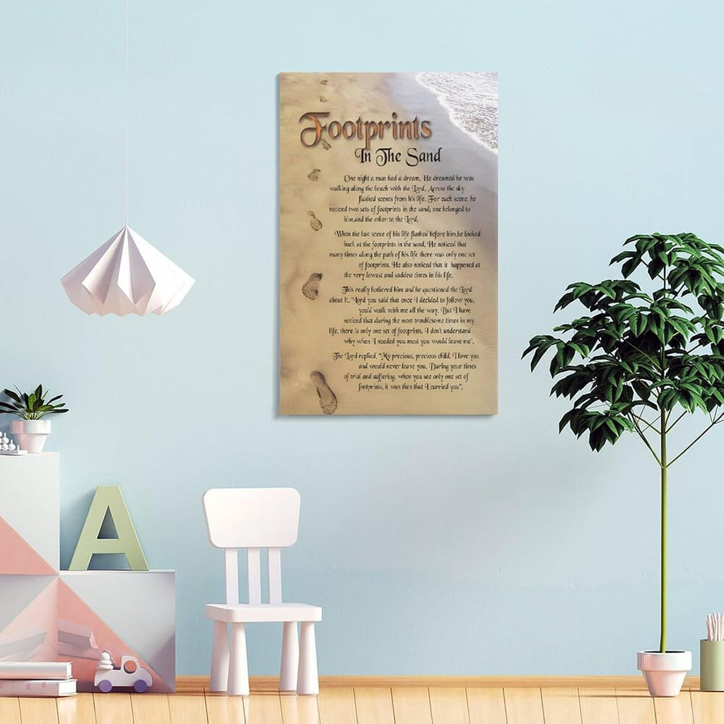 Footprints in the Sand Religious Canvas Wall Art Posters, Inspirational Beach Sunset Poem Print Poster (Framed 16x24inch, Footprints(3))