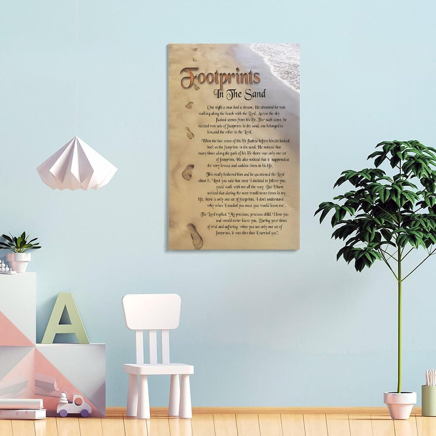 Footprints in the Sand Religious Canvas Wall Art Posters, Inspirational Beach Sunset Poem Print Poster (Framed 20x30inch, Footprints(3))