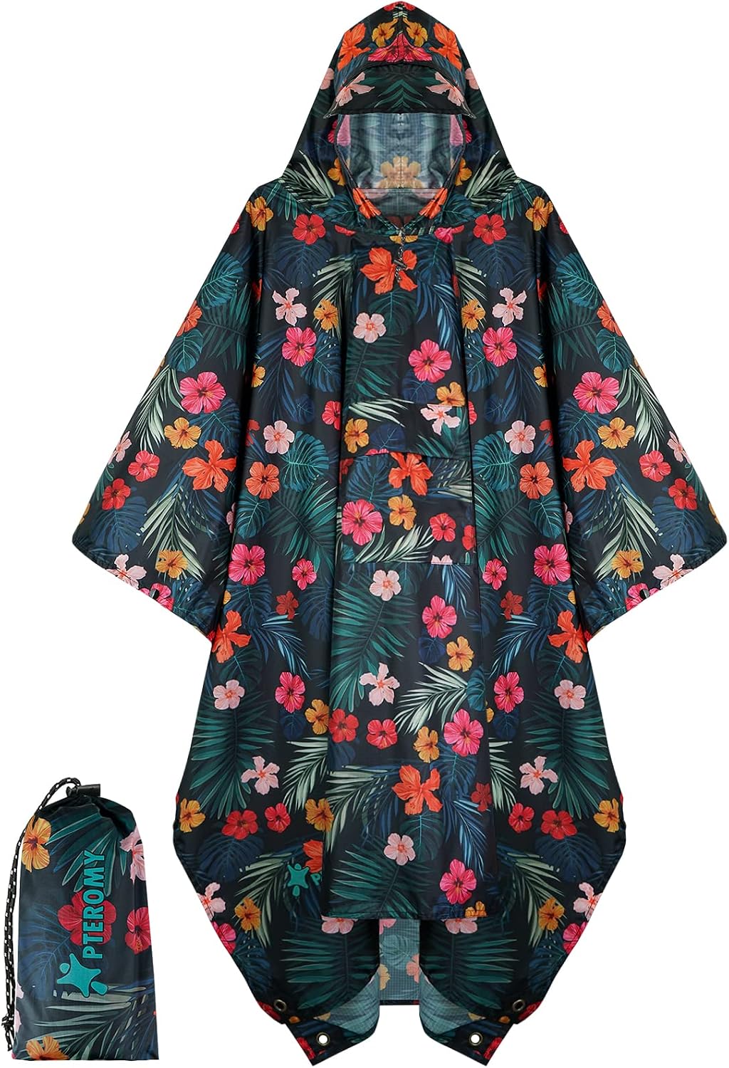 PTEROMY Hooded Rain Poncho for Adults, Reusable Waterproof Raincoat