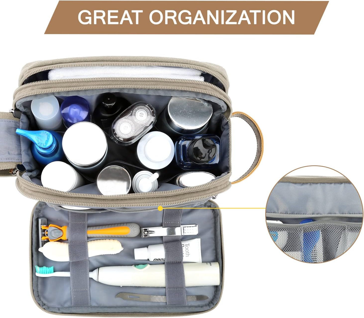 BAGSMART Toiletry Bag for Men, Canvas Travel Toiletry Organizer Dopp Kit Water-resistant Shaving Bag for Toiletries Accessories,Beige-Medium