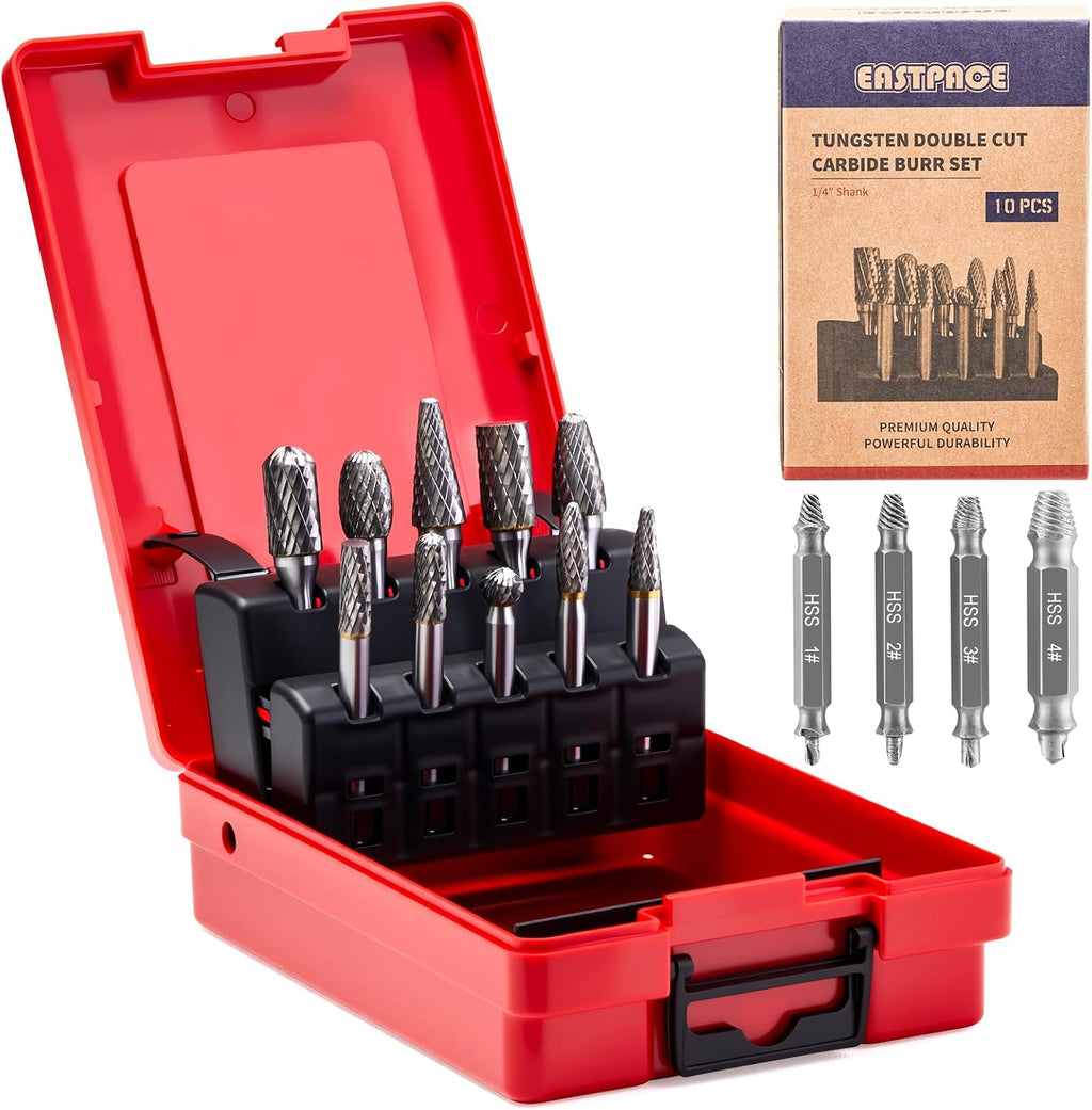 10 PCS 1/4" Shank Tungsten Carbide Burr Set Double Cut for Metal Grinding, Deburring Die Grinder Bits Fit Dewalt Milwaukee Die Grinders Accessories 1PC Mandrel & 5PC 3inch Cut Off Wheel