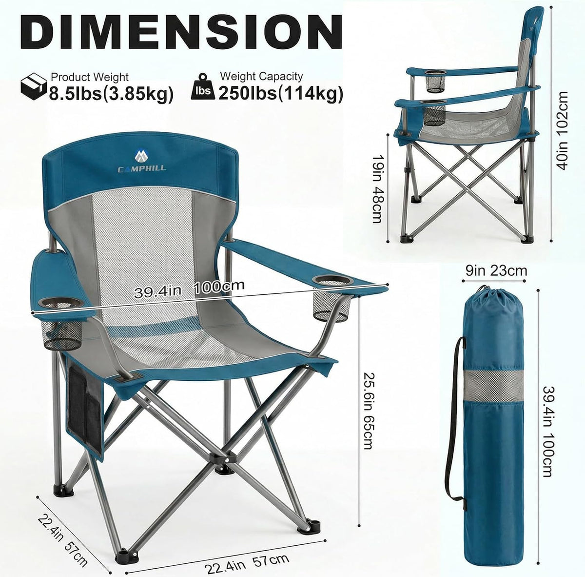 2 Pack Camping Chairs for Adults,Oversized Mesh Back Lawn Chair with Cup Holder, Side Pocket&Bag for Outdoor,Beach,Picnic,Fishing,and Sports,Breathable,Heavy Duty,Blue