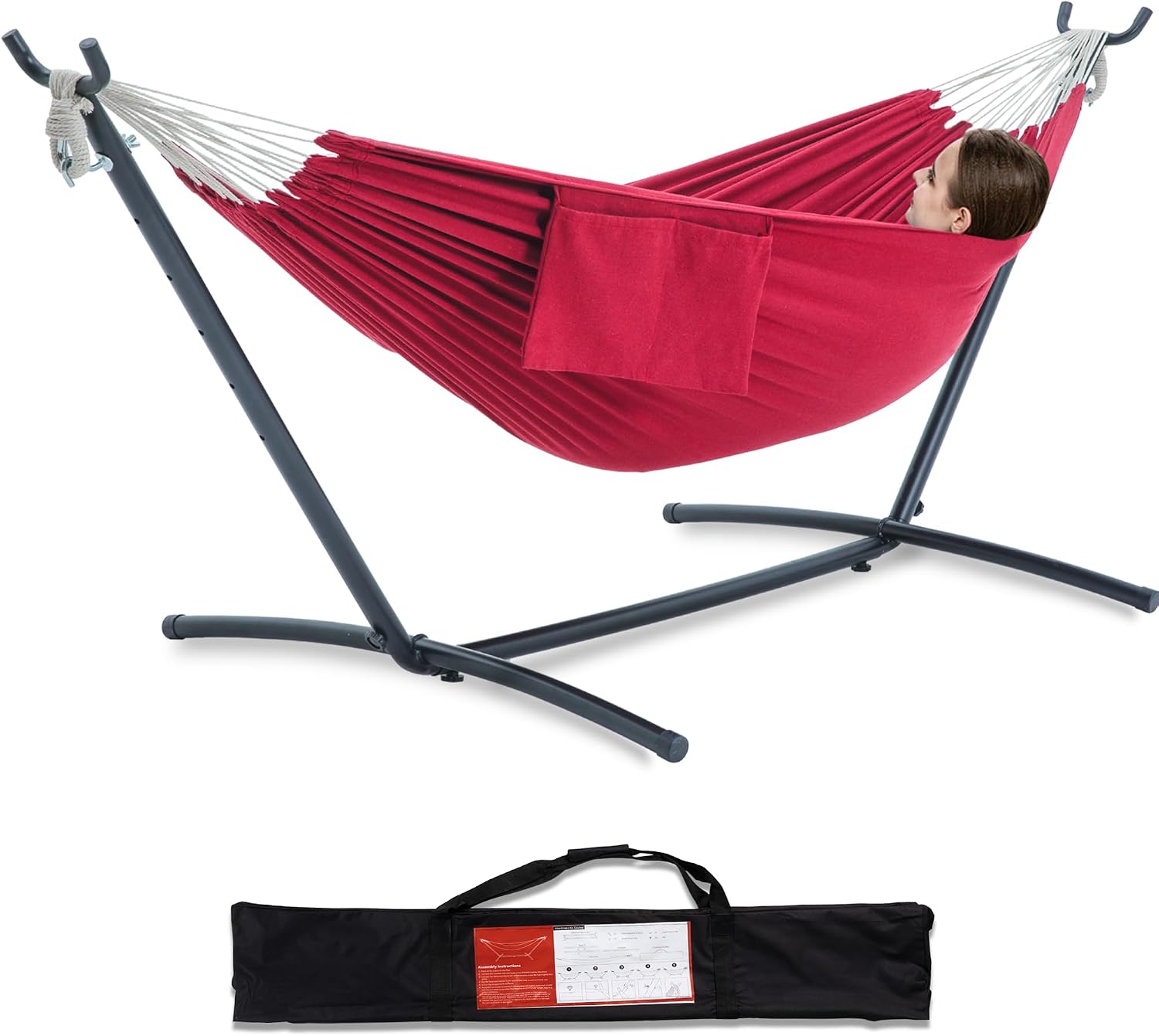 PNAEUT Double Hammock with Stand for Outside, Heavy-Duty, Portable (Cherry)