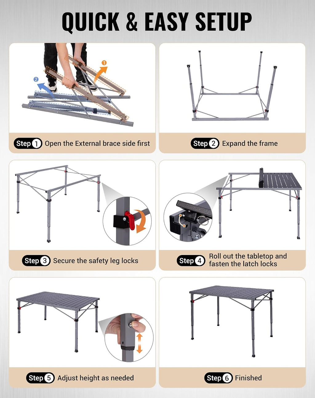 KingCamp 265 Lbs Folding Camping Table, 3-Height Heavy Duty Outdoor Table