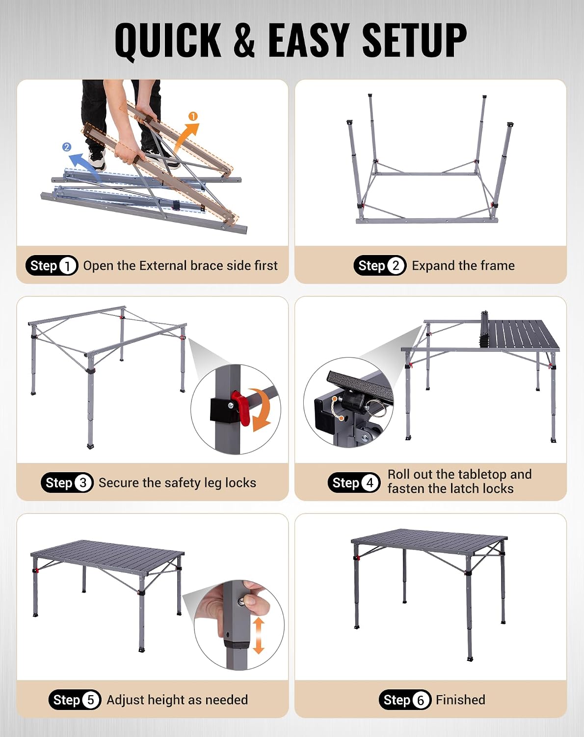 KingCamp 265 Lbs Folding Camping Table, 3-Height Heavy Duty Outdoor Table