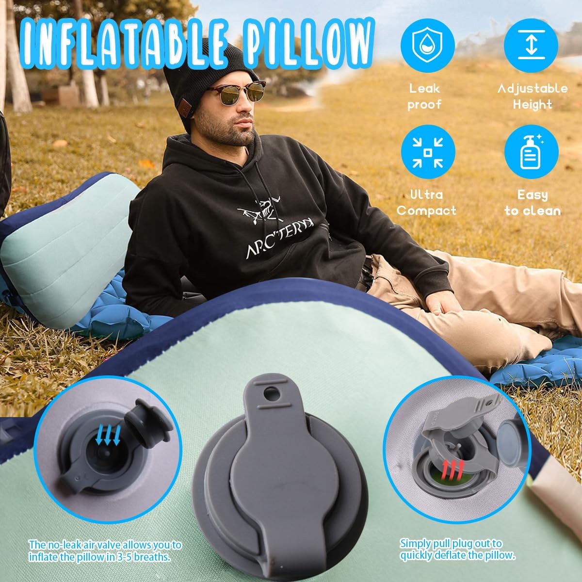 Couleurs Beach Pillow, Inflatable Camping Pillow, Pool Pillow, Removable Pillowcase, Ultralight Neck and Waist Support, Suitable for Camping, Hiking, Backpacking