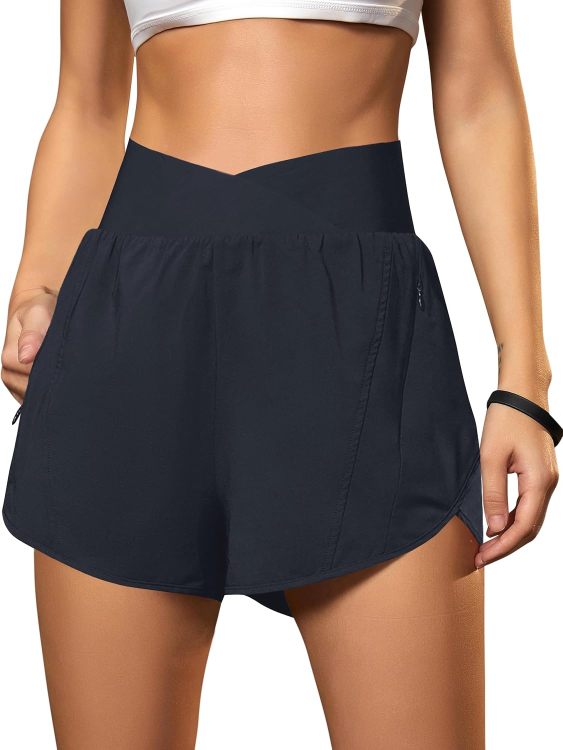 Blooming Jelly Women's Athletic Running Shorts Crossover Gym Workout Shorts