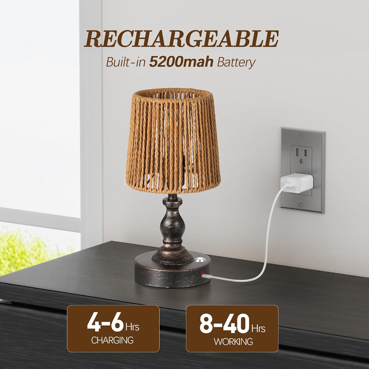 PARTPHONER Mini Cordless LED Table Lamp, 5200mAh Rechargeable Battery Operated Lamp, 3-Level Brightness, Touch Dimmable Desk Lamp, Bedside Night Light with Rattan Shade, Oil Rubbed Bronze