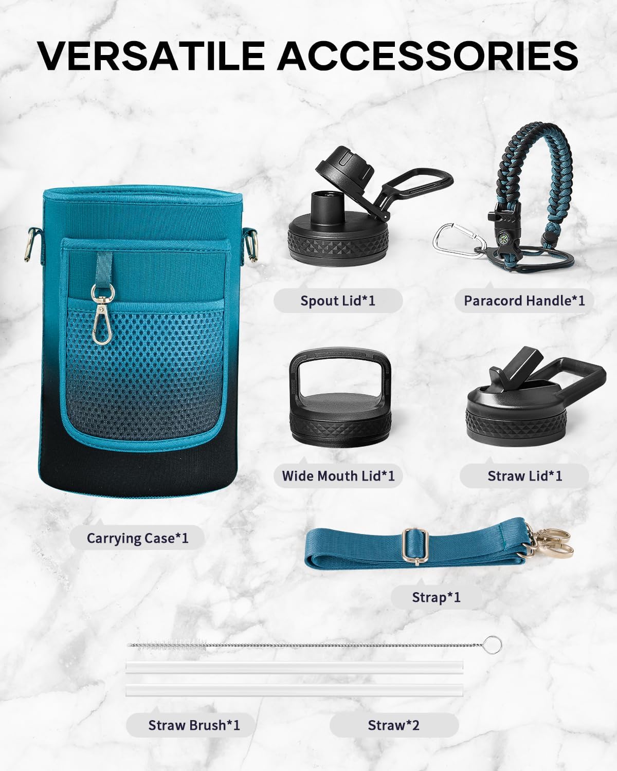 Trebo 64 oz Water Bottle Stainless Steel with 3 Lids, Paracord Handle & Bag