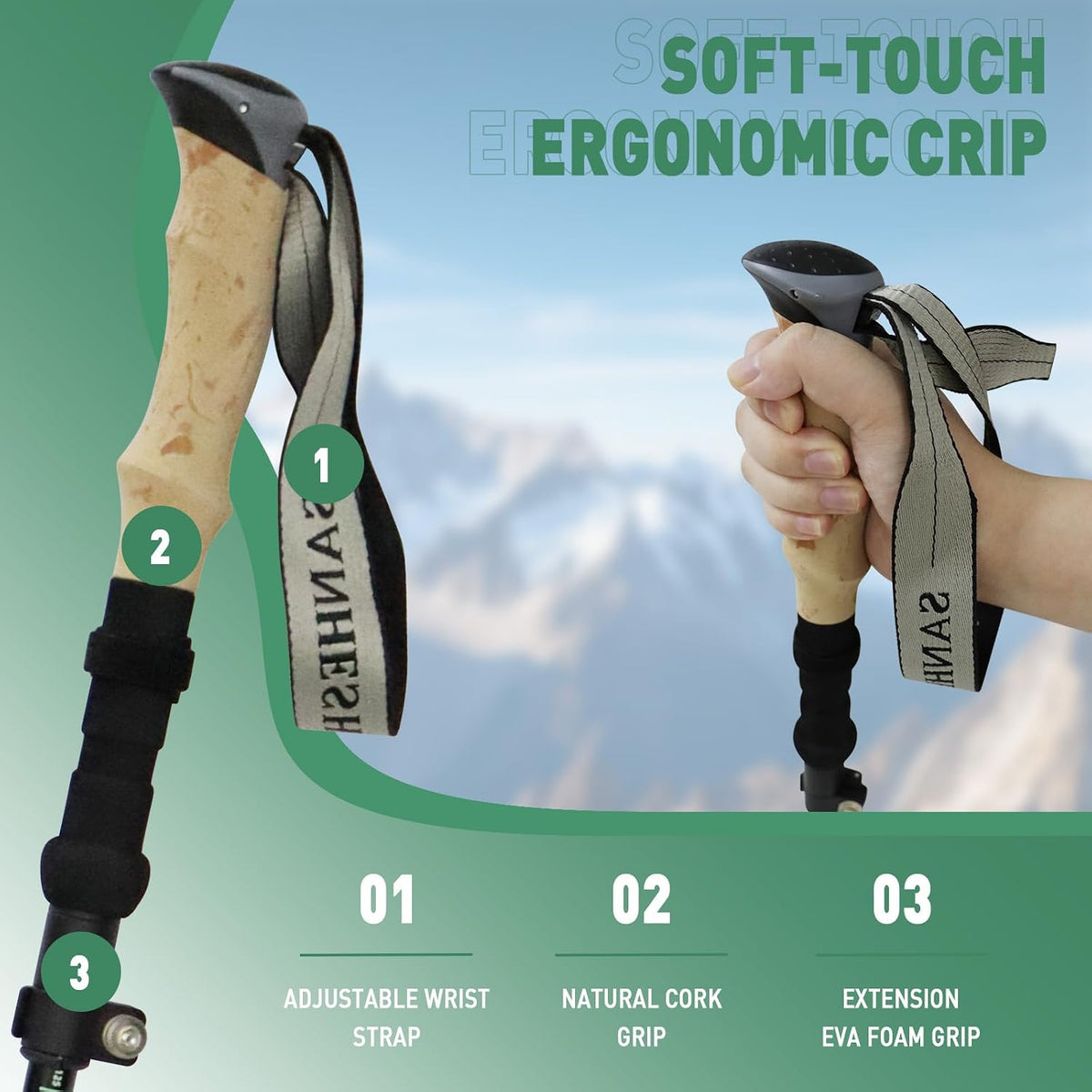 Walking Trekking Poles 2 Pack - 5 Section Lightweight Aluminium Alloy with Anti Shock & Quick Flip Lock - Cork EVA Handle, Adjustable 108-128CM - for Hiking, Camping, Travel
