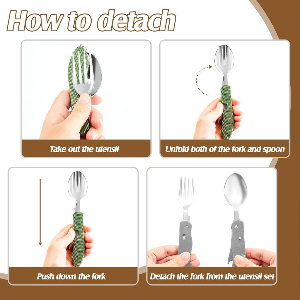 4-in-1 Camping Utensil Set, Steel Fork Spoon Knife, 5 Pcs
