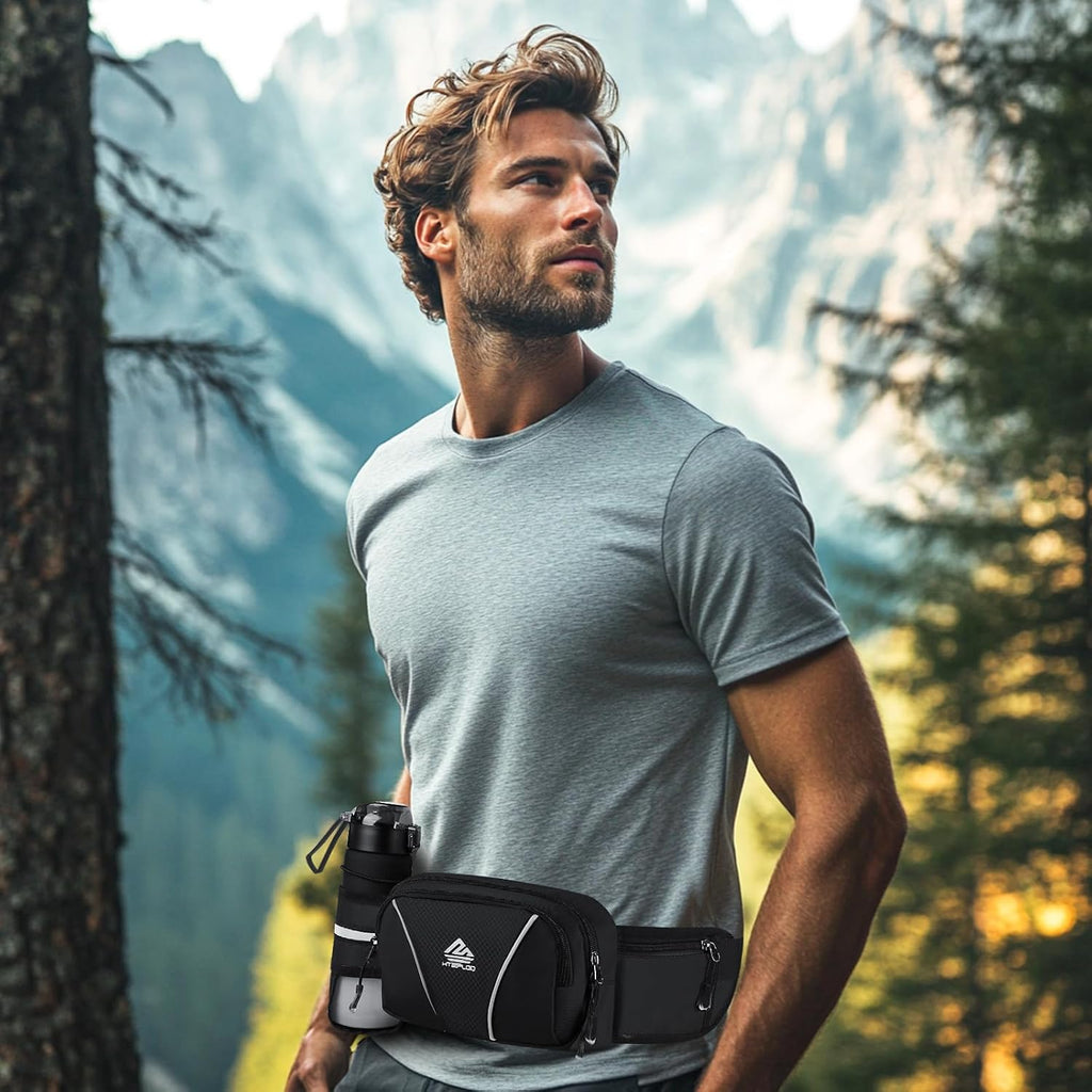 Fanny Pack for Men Women Waist Bag with Water Bottle Holder for Hiking, Travel,Dog Walking, Workout (Black)