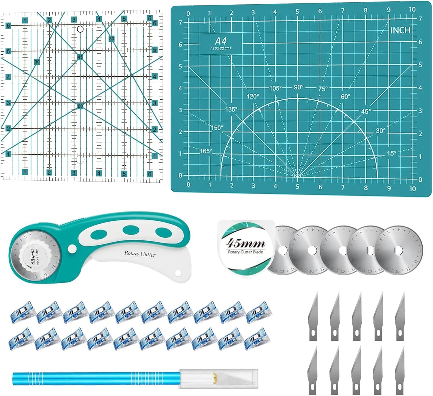 39 Pcs Rotary Cutter Set- Quilting Kit incl. 45mm Fabric Cutter with 5 Extra Blades, A4 Cutting Mat, 2 Craft Knife Set, Ideal for Crafting, Sewing, Patchworking Turquoise
