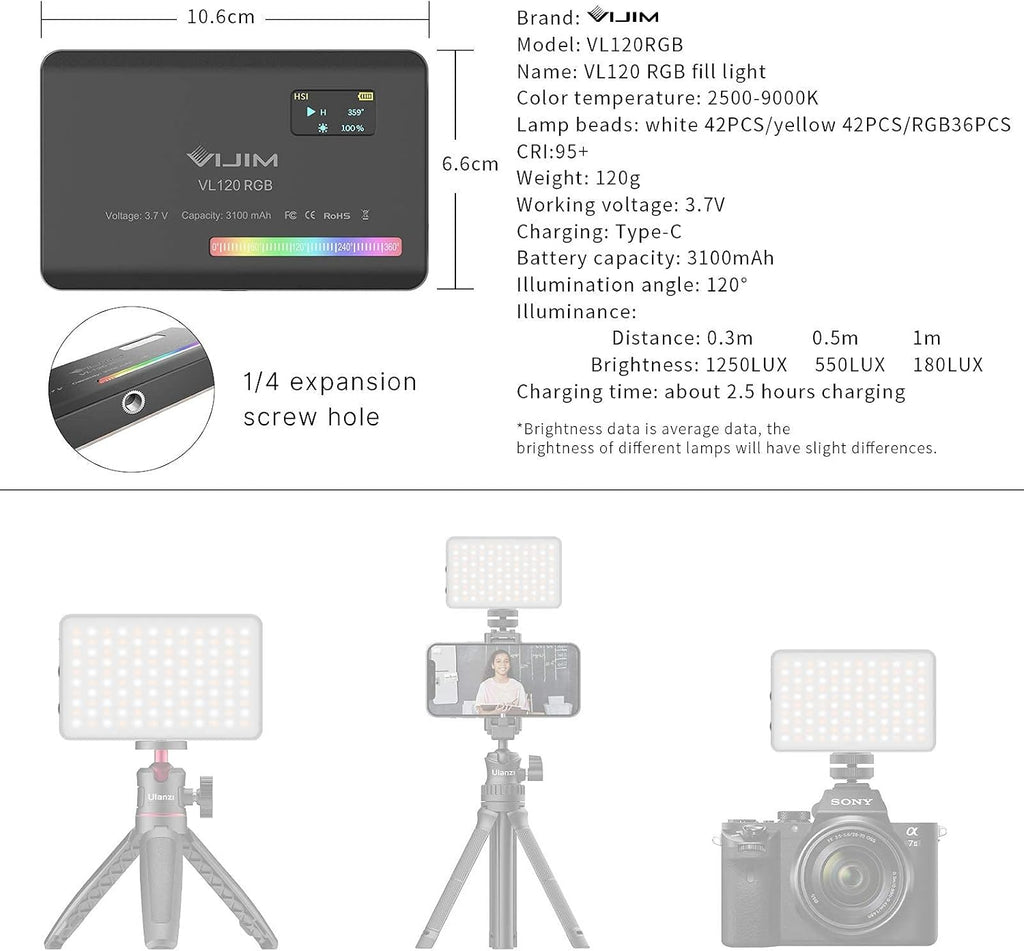 VIJIM VL120 RGB Video Light Portable LED Camera Light Panel 0-360Full Color