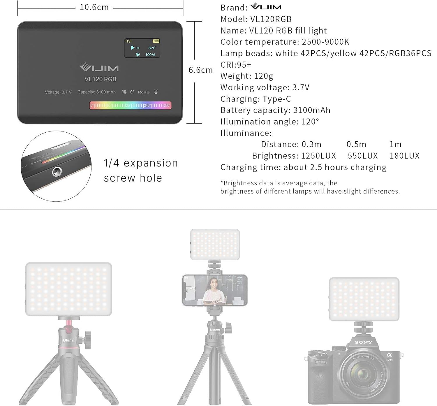 VIJIM VL120 RGB Video Light Portable LED Camera Light Panel 0-360Full Color