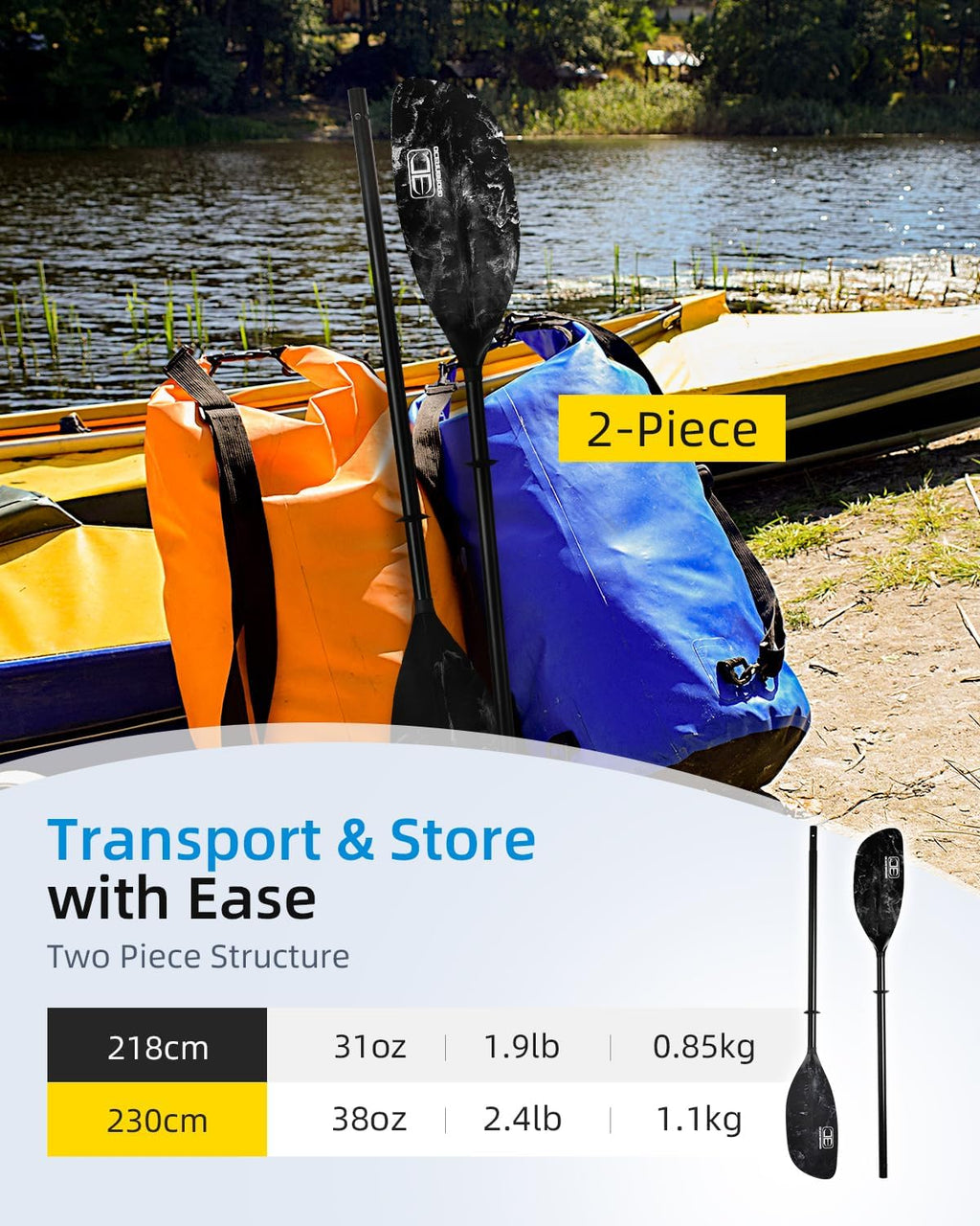 OCEANBROAD Kayak Paddle 86in/218cm, 90.5in/230cm Alloy Shaft 2-Piece Floatable Kayak Oar for Kayaking Canoeing Boating
