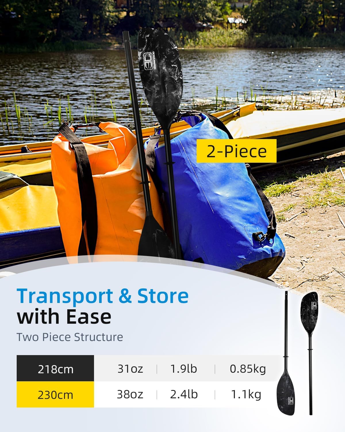 OCEANBROAD Kayak Paddle 86in/218cm, 90.5in/230cm Alloy Shaft 2-Piece Floatable Kayak Oar for Kayaking Canoeing Boating