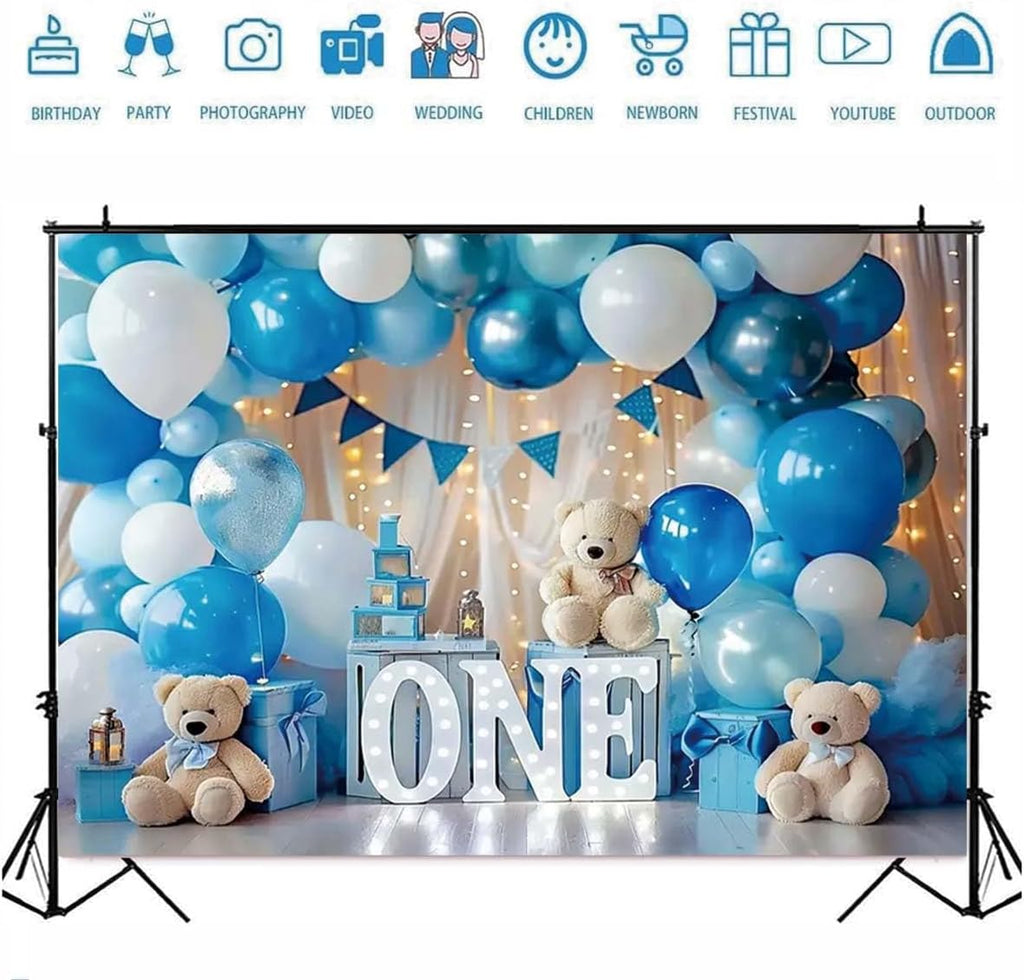 Hot Air Balloon Cloud Star Bear Travel Birthday Backdrop for Photography, Blue-02, 7x5feet, Vinyl Fabric, Baby Shower & Birthday Occasion