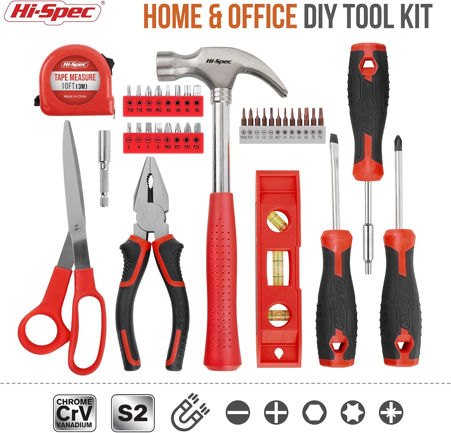 Hi-Spec Household Starter Tool Kit with Compact Carry Toolbox, Red