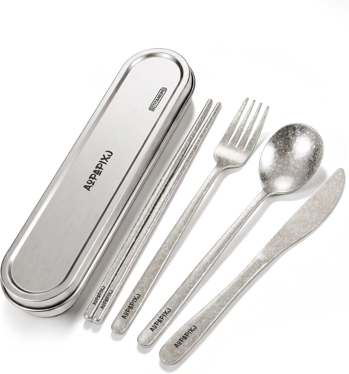 100% Pure Titanium Cutlery Set, Snowflake Pattern Titanium Tableware with 304 Stainless Steel Case & Silicone Holder, Ultralight Portable Utensils with Bonus Carry Bag for Camping