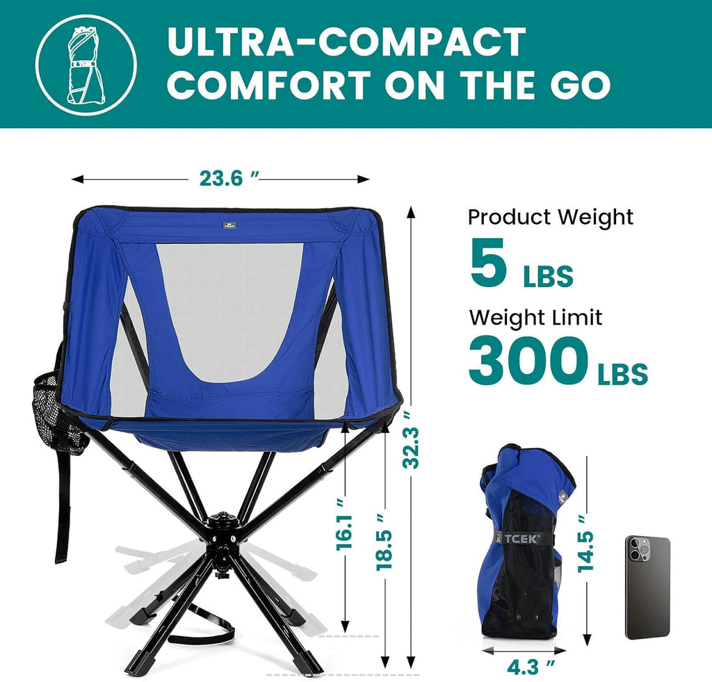 TCEK Portable Camping Chair - SwivelCore 180 Swivel & Auto-Return, Small Compact Lightweight Folding Chairs for Adults, Outdoor Backpack Chair for Adventures, Setup in Seconds, Support 300 LBS