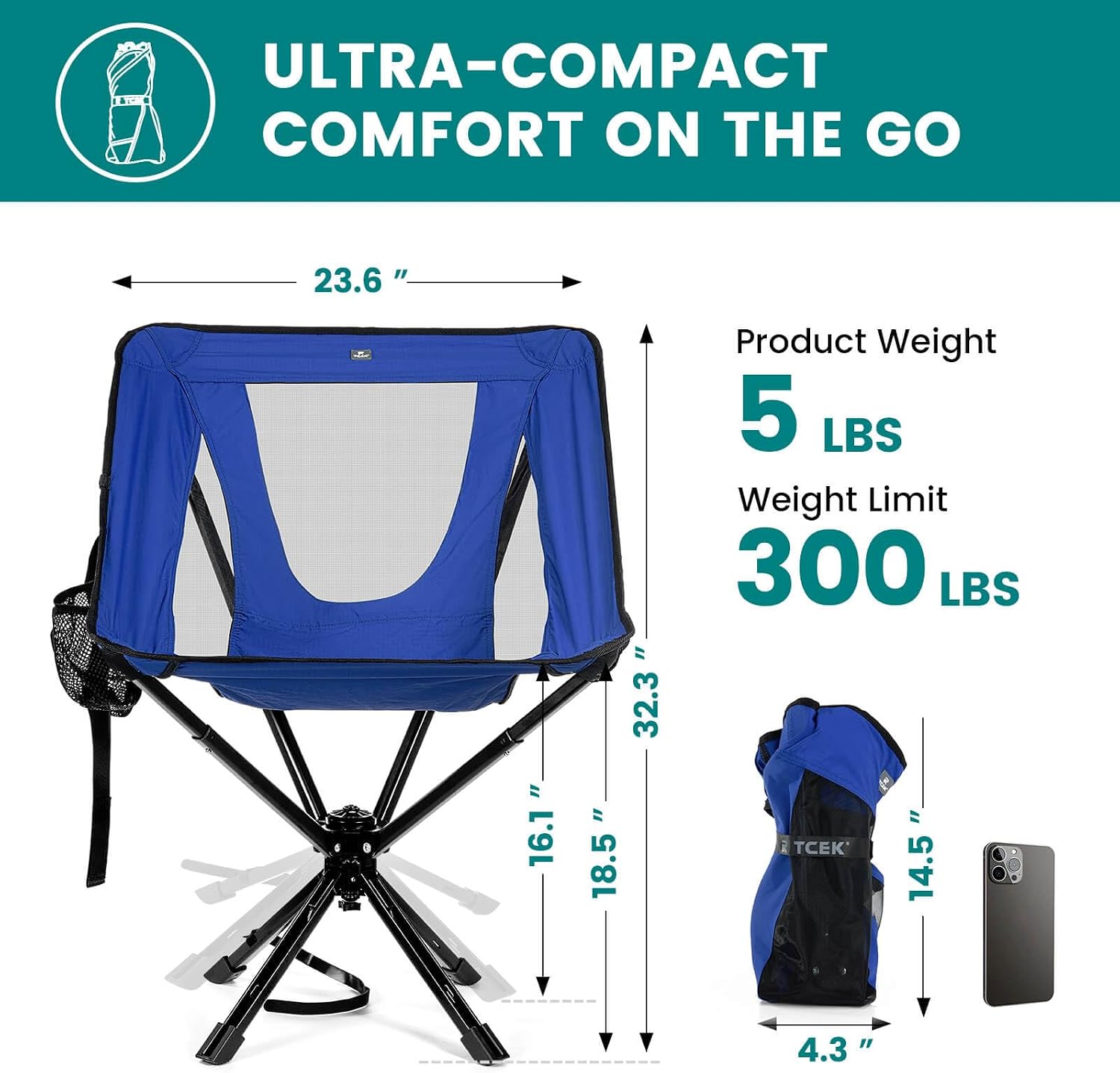 TCEK Portable Camping Chair - SwivelCore 180 Swivel & Auto-Return, Small Compact Lightweight Folding Chairs for Adults, Outdoor Backpack Chair for Adventures, Setup in Seconds, Support 300 LBS
