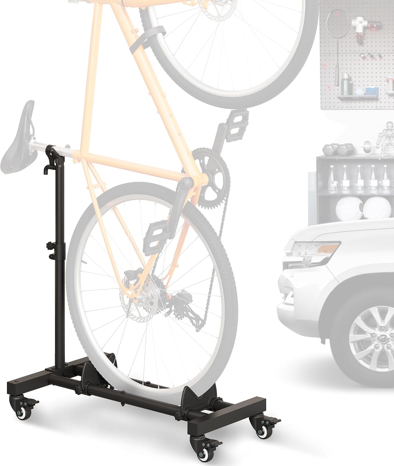 Vertical Bike Stand, Freestanding Bike Rack for Garage Storage, Upright Bicycle Floor Stand with Adjustable Height and 360° Rolling Wheels, Space Saving Indoor Bike Holder for 24"-29" Standard Bikes