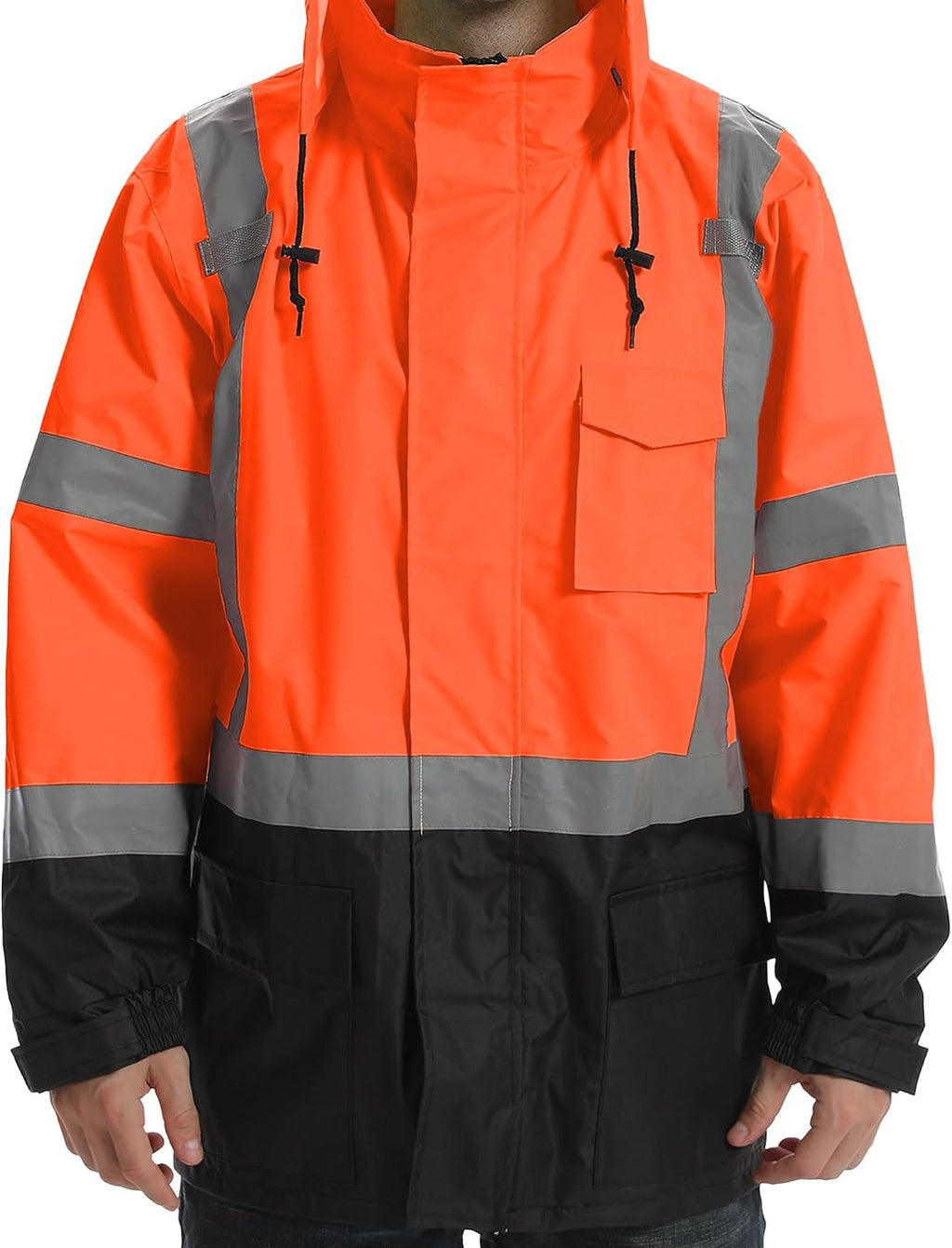 Reflective Rain jackets for men waterproof,Hi Vis Safety Coat With Reflective Strips，High Visibility Class 3 Rain jackets With 2 large pockets，Zipper,Black Bottom Orange,2XL/3XL