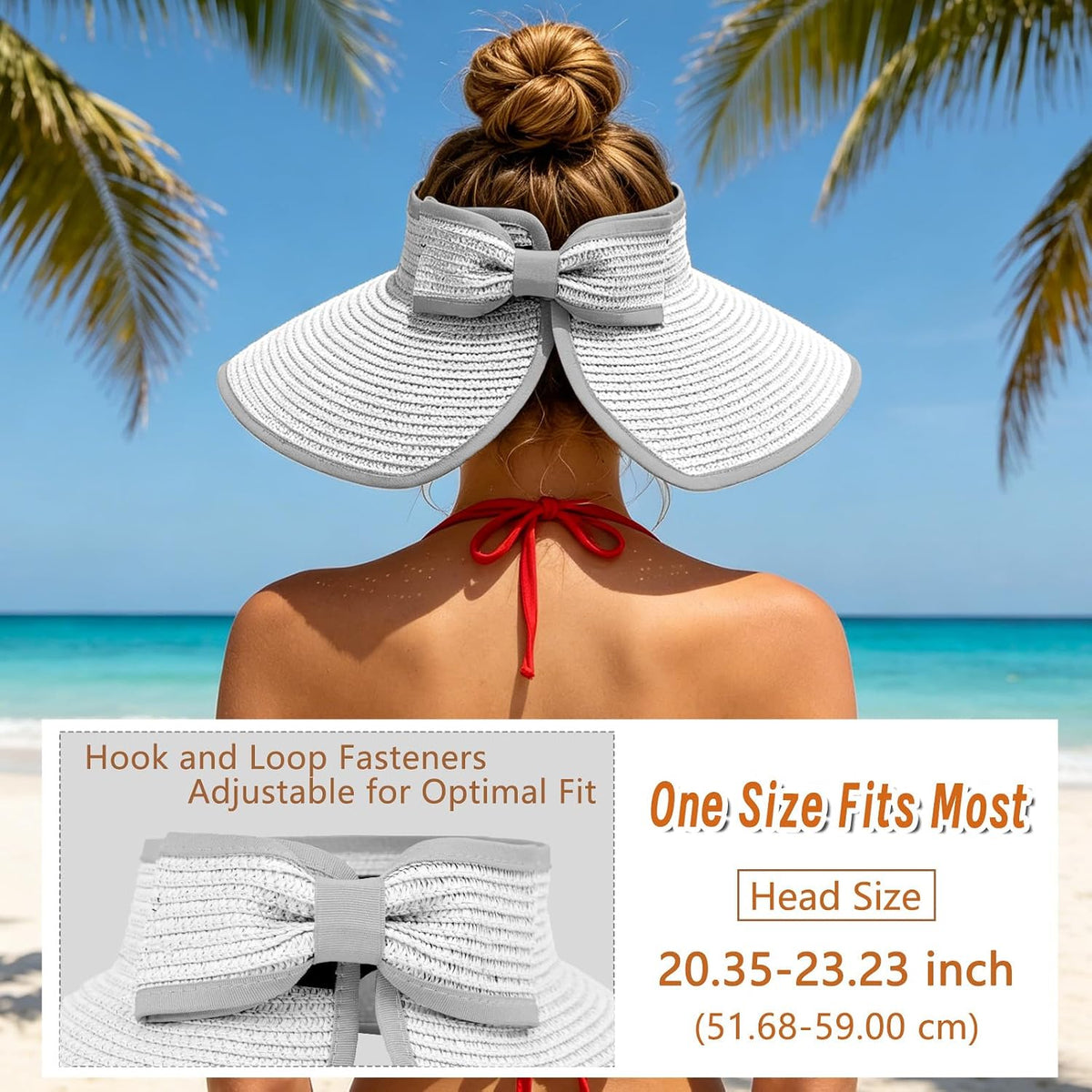 Sun Hats Visor for Women, UV UPF Straw Beach Hat Foldable Wide Brim Ponytail Summer Hats Packable Travel