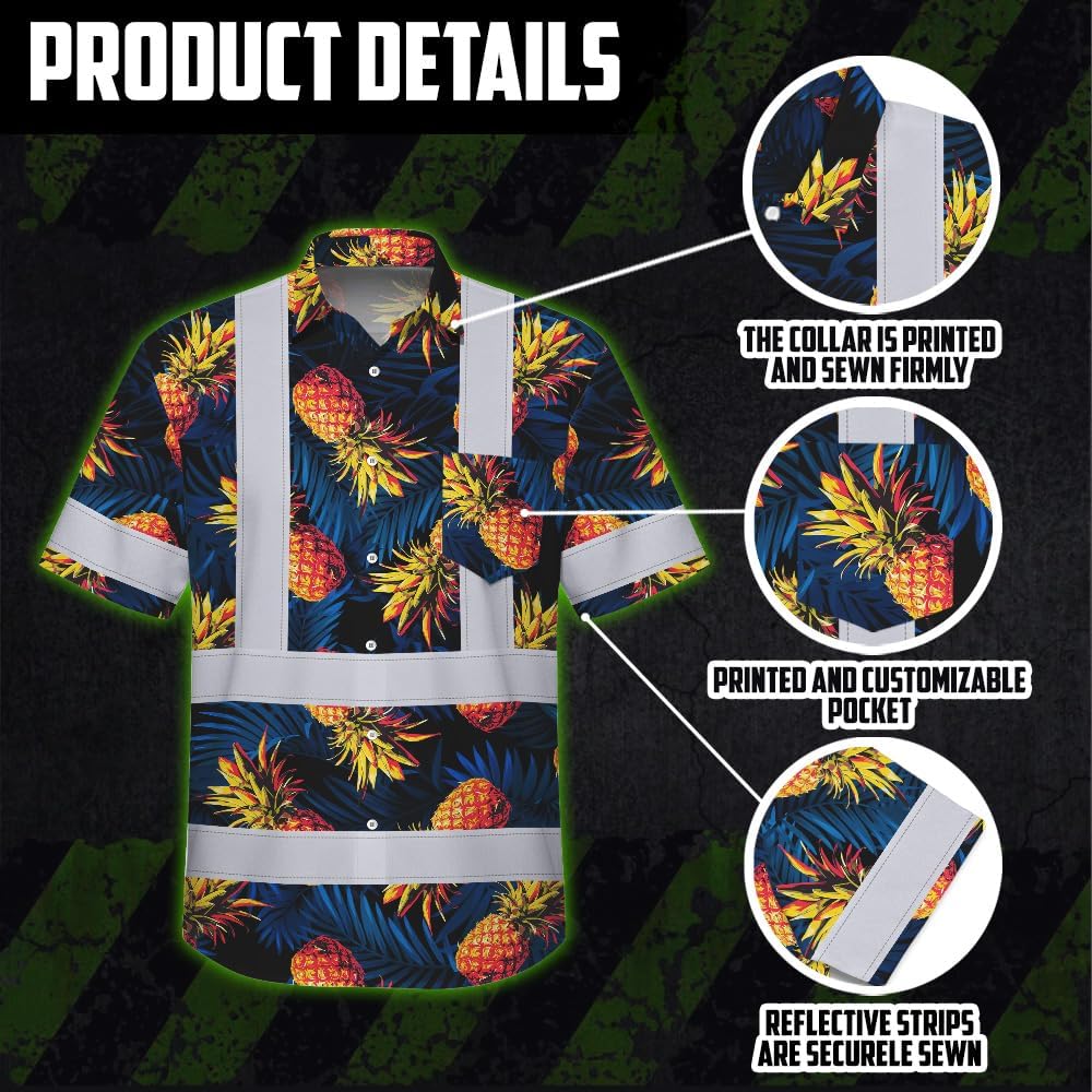 High Visibility Hawaiian Shirt for Men Tropical Shirts Custom Name Floral Outfit Reflective Safety Workwear