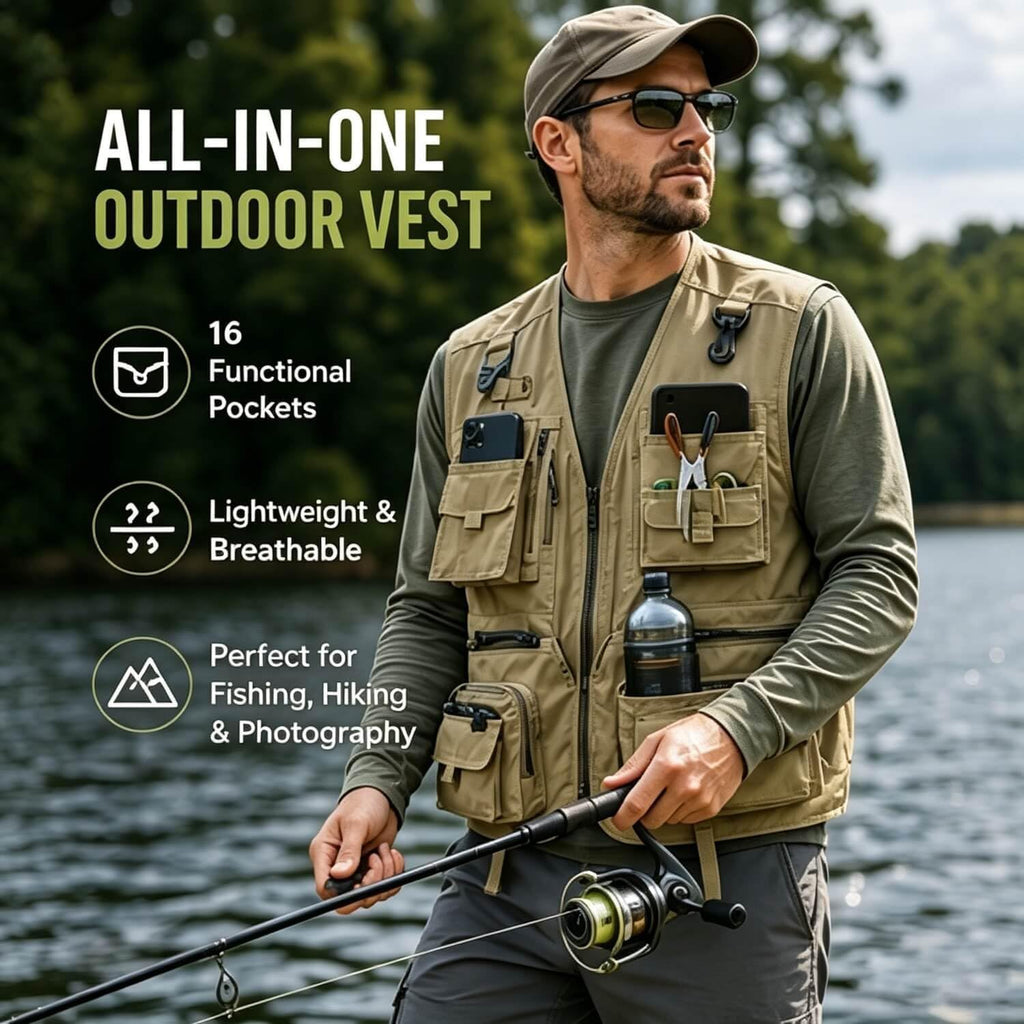 Outdoor Utility Vest for Men & Women, Lightweight Breathable Mesh Vest with Multiple Pockets for Fishing, Photography, Hiking, Camping, Travel & Safari, Khaki